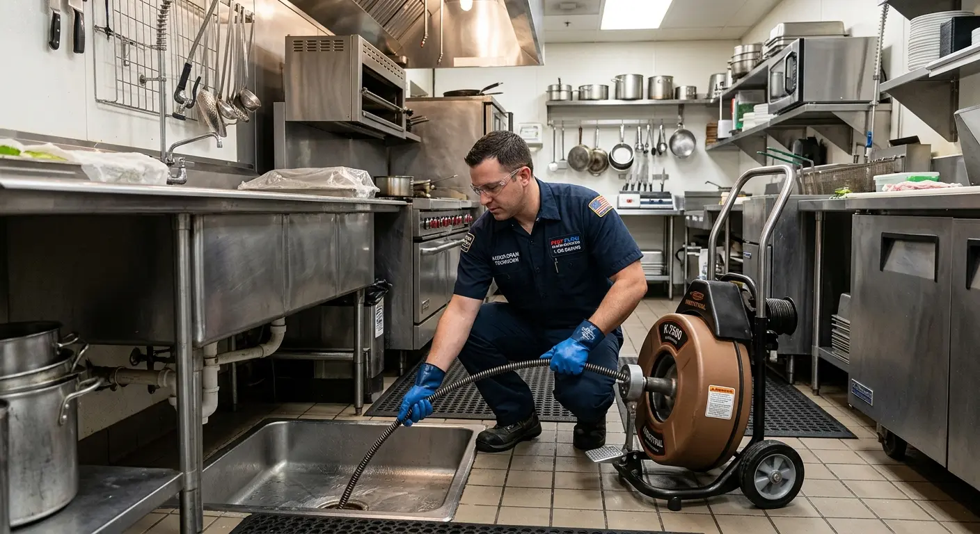 Commercial drain cleaning service in a restaurant kitchen in LaGrange