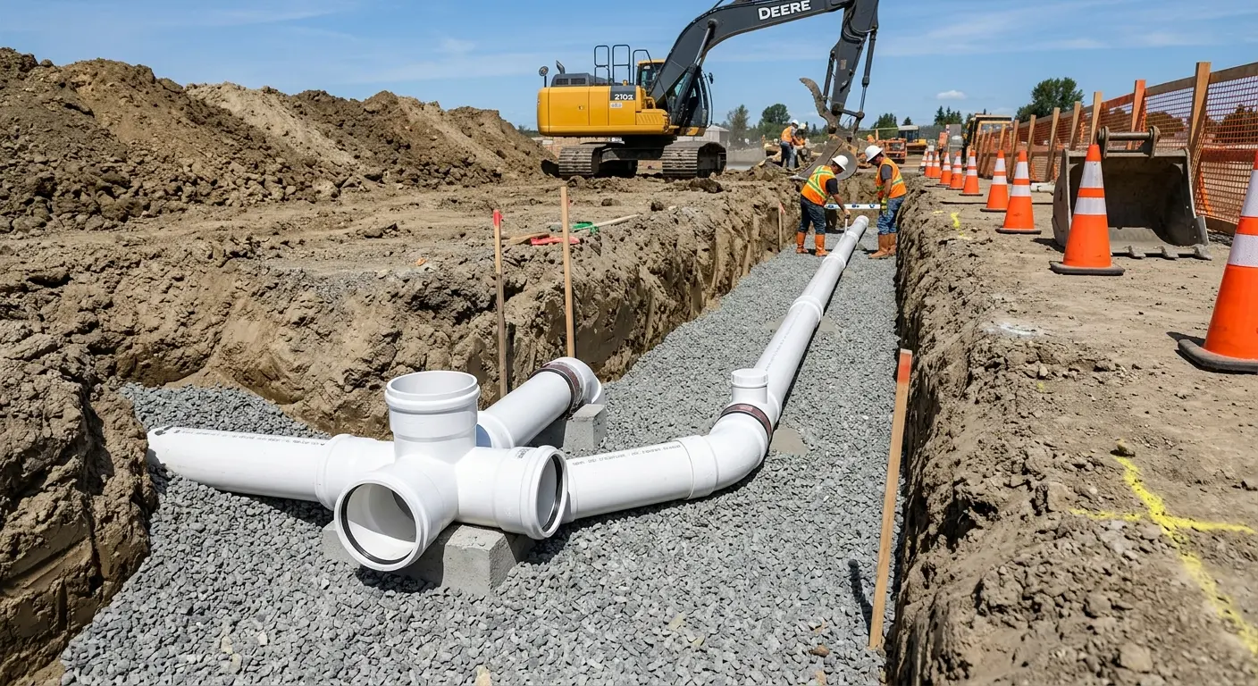 New PVC sewer pipe installation in open trench for Sewer Backup in LaGrange