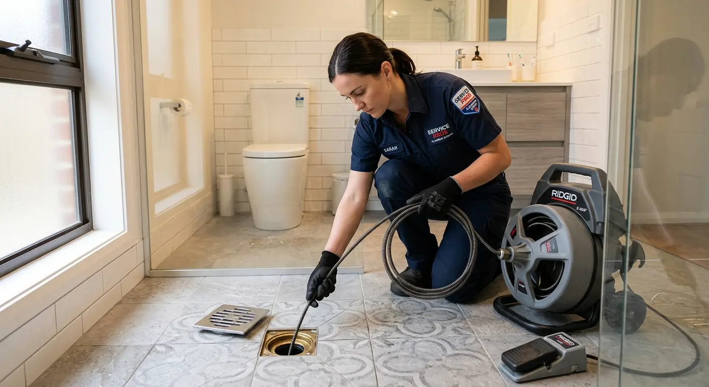 Technician clearing a bathroom floor drain for Drain Repair in LaGrange